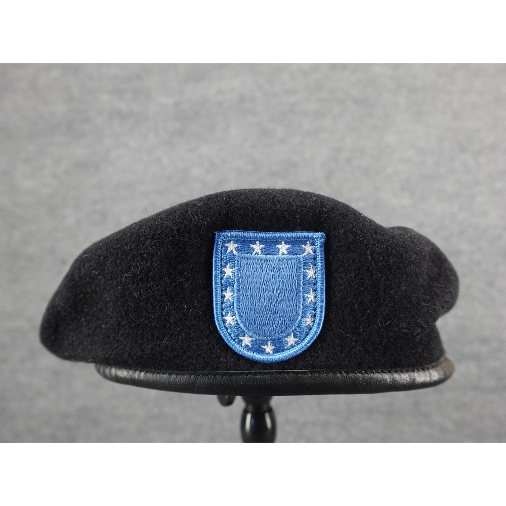 Military Surplus Wool Beret Unisex 7 3/8 Black Blue Star Flash Patch
